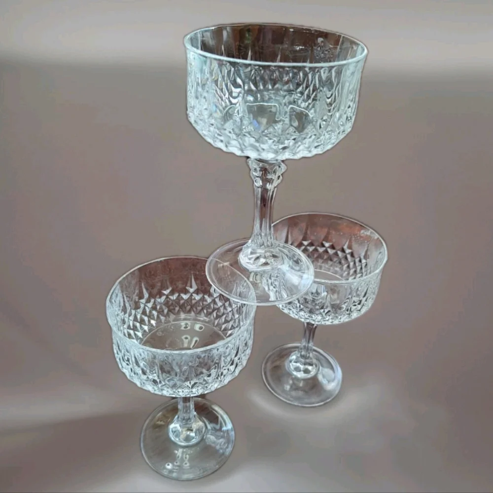 3 Cristal D'Arque Stemmed Diamond Cut Longchamp Sherbet/Parfait/Wine Glasses - Picture 3 of 8